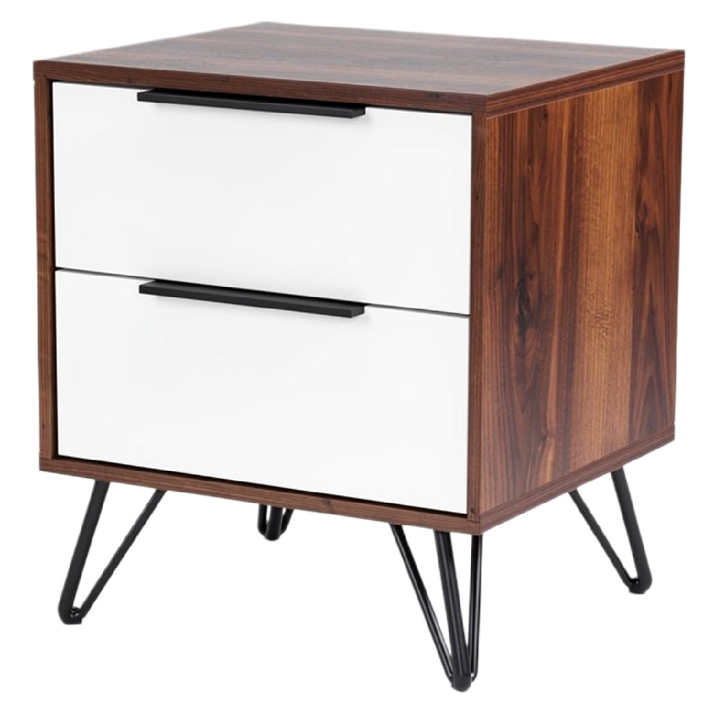 Moderne nachttafel met houten afwerking en metalen poten